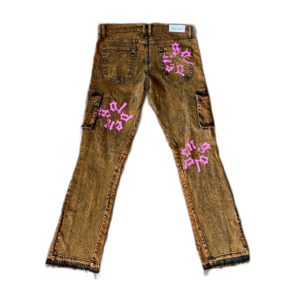 GOLDEN Syndicate Orange Pink Pattern Boot Cut Jeans Pants Trousers  Mens Size 34 - Picture 5 of 8